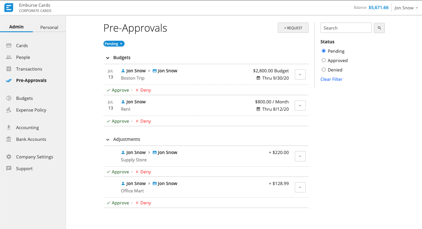 screenshot of Emburse Cards